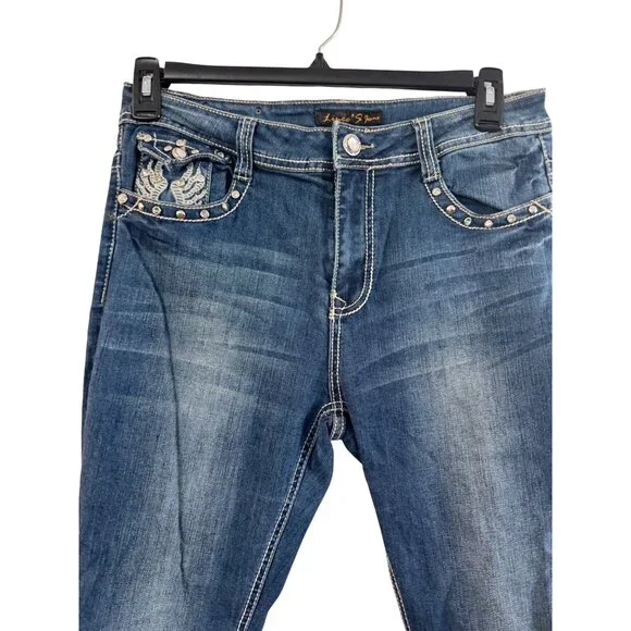 Liuces Womens Embellished Stretch Jeans Size 12 Blue Distressed Rhinestone Detai - Picture 7 of 9